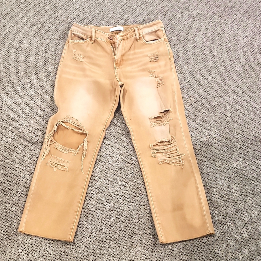 Tan Distressed Ankle Jeans